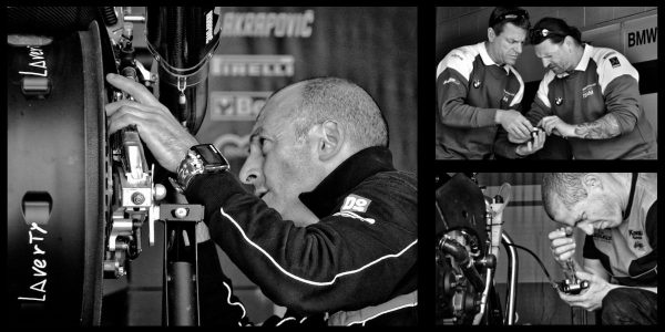 Composite image: black and white images of Aprilia crew chief checks Eugene Laverty's WSBK racer, BMW techs inspect EFI, Kawasaki tech with brake assembly
