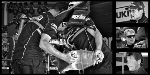 Composite image: Aprilia techs install Max Biaggi's WSB bike swingarm, Fujio Yoshimura, Wayne Rainey, Ronald ten Kate